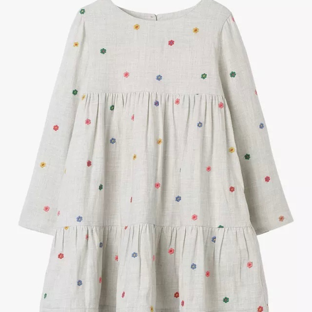 Mini Boden Girls' Tiered Woven Floral Embroidered Spot Print Dress, Oatmeal